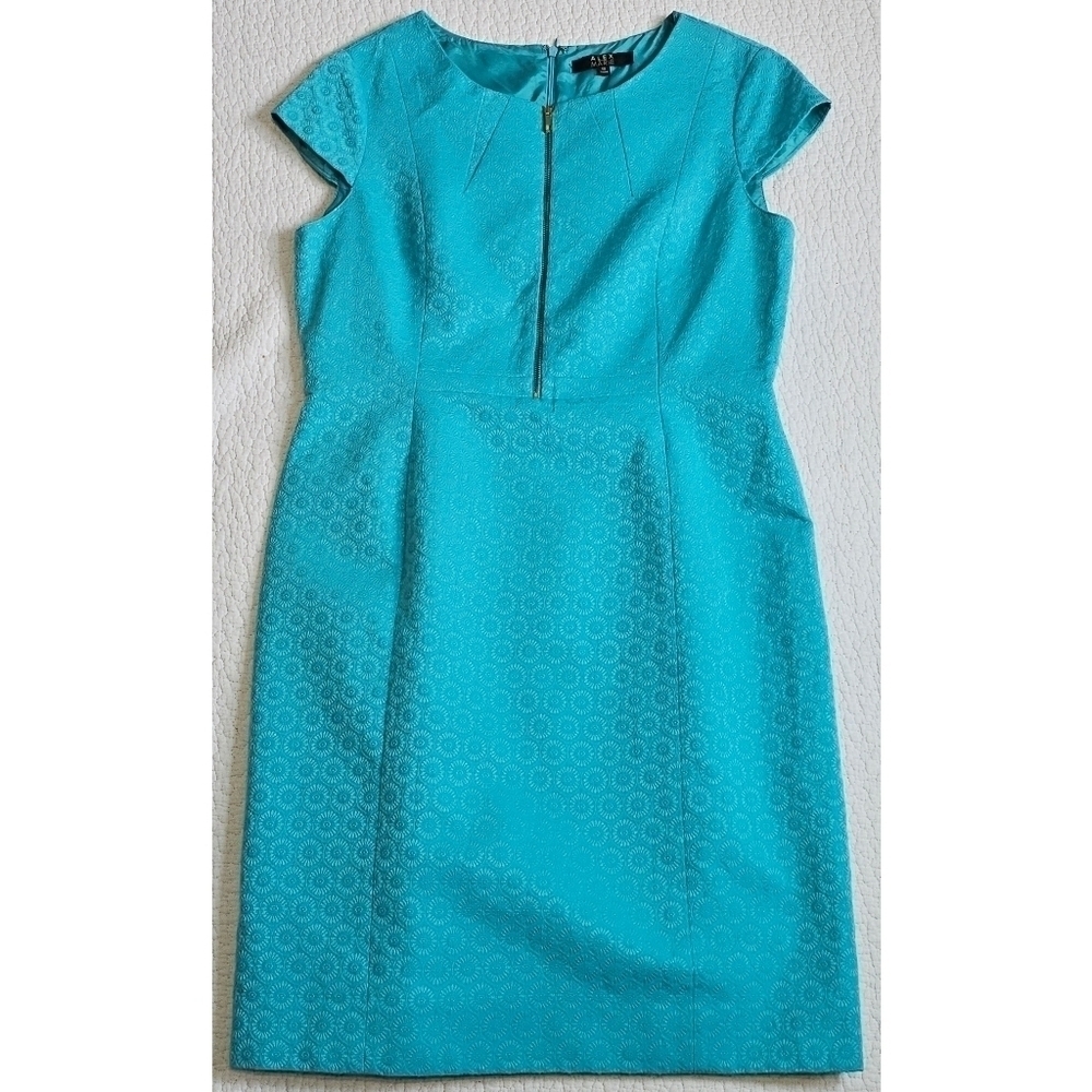 Alex Marie Womens Retro Turquoise Jacquard Sheath Dress